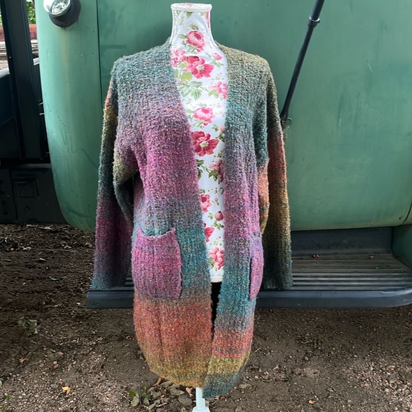 Multicolor Ombre Textured Marled Knit Cardigan with Pockets - Picture 3 of 16